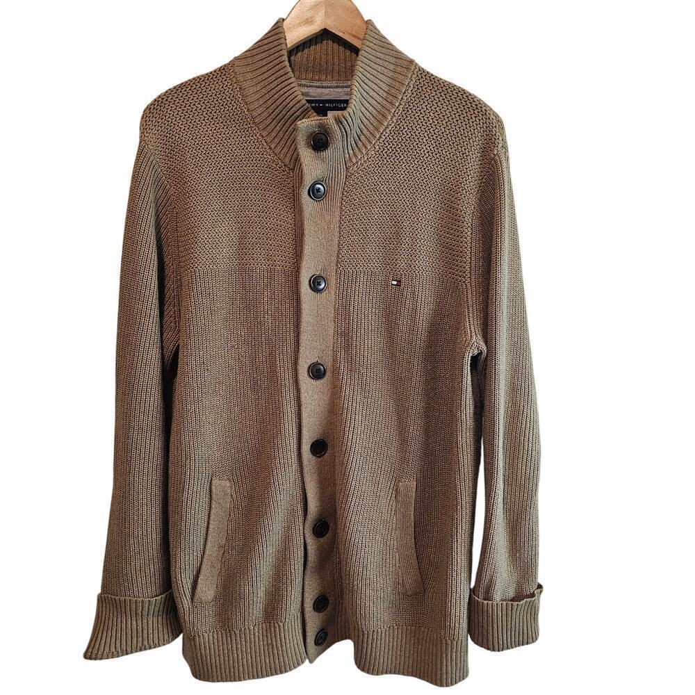 Vintage Tommy Hilfiger Cardigan Mens Large Brown Y2K Ribbed Knit Preppy Academia